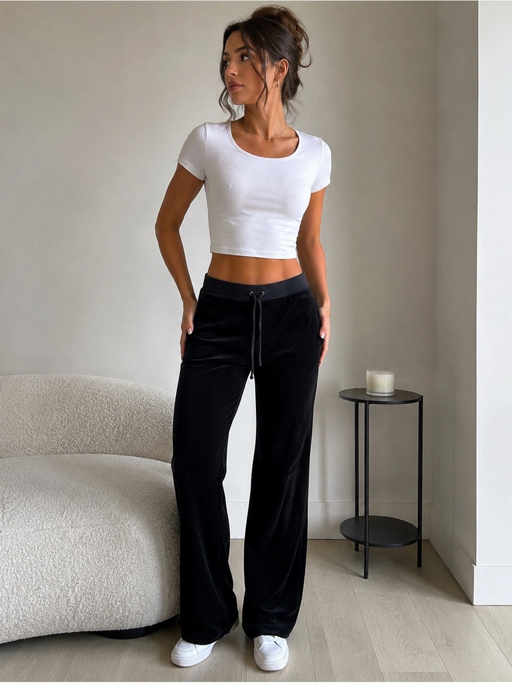 Juicy Couture Black Velour Wide Leg Lounge Pants XL Y2K Drawstring Track Pants